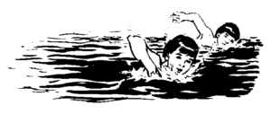 Black and white drawing of two boys swimming.